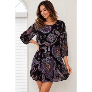 Express Paisley Shift Dress Women Small Black Pink Boho Sheer Sleeve Mini Dress